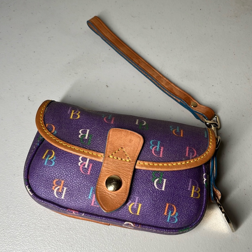 Women's Dooney and Burke Purple Monogrammed Leather Trimmed Wristlet; 6x4